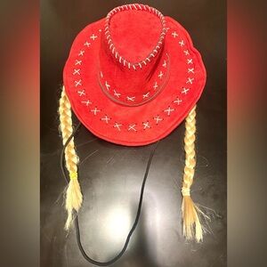 Vibrant Cowgirl Western Leather Embroidered Stars Hat w/Blond Braided Ponytails